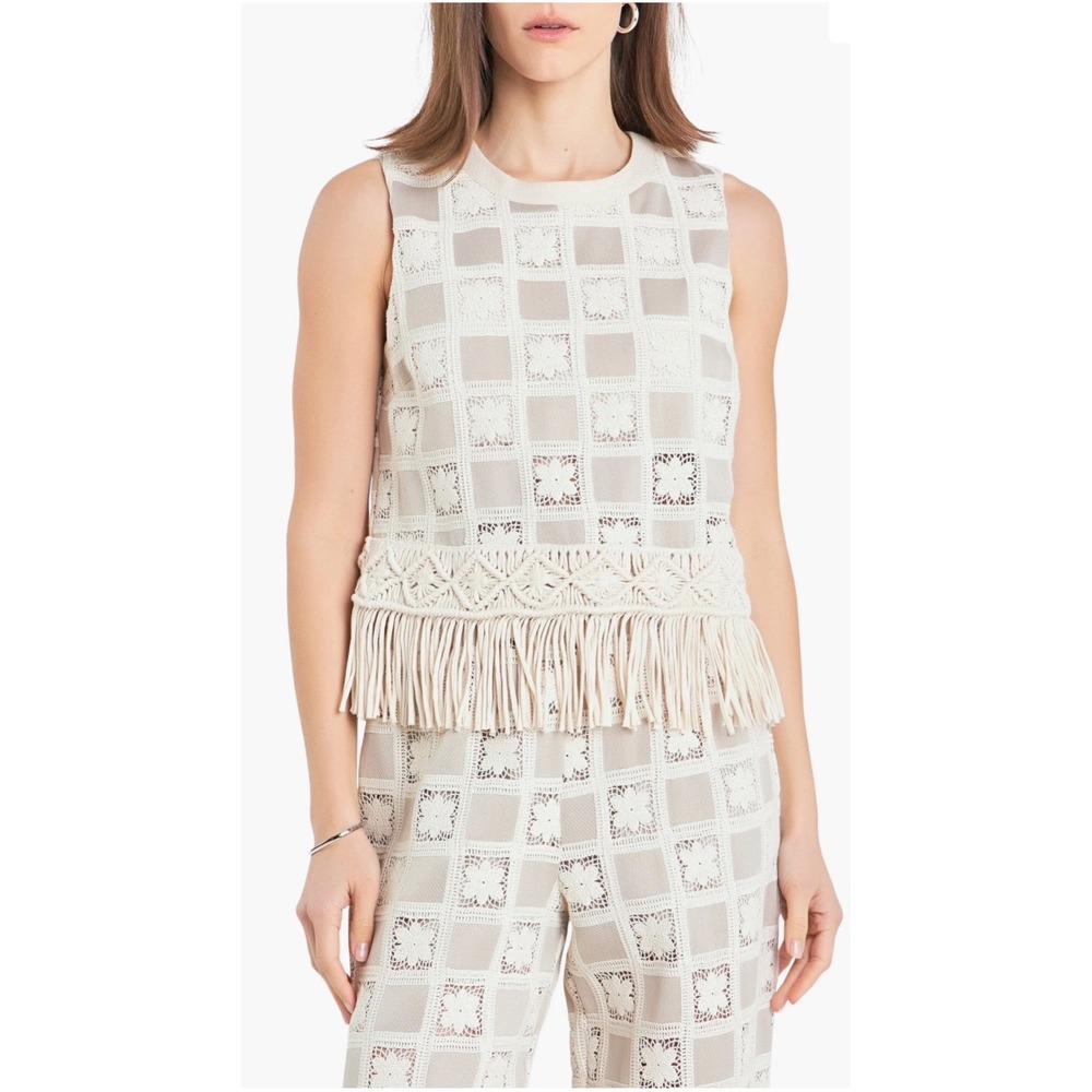 Tuckernuck x English Factory Crochet Lace Patchwork Tank Beige Fringe Top L NWT